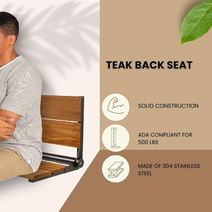 Folding Shower Seat Wall Mounted with Back | 500 lbs Maximum Load Capacity | ADA Compliant Safety Assist Teak Shower Seat for Seniors, Handicapped, and Children | 304 Stainless Steel Frame | 18” x 16”