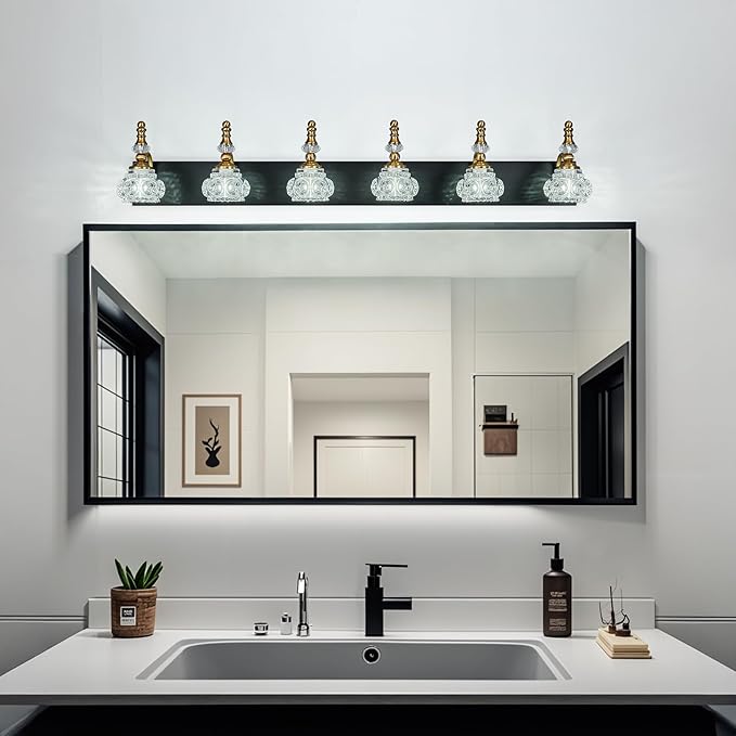 6-Light Vintage Bathroom Vanity Light Fixture Industrial Black Gold with Glass Shade Vanity Light Fixtures Over Mirror Glass Bathroom Vanity Lighting Fixtures G9 Bulb Wall Lights