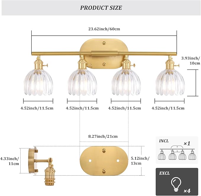 Bathroom Light Fixtures, 4-Light Brass Vanity Wall Light Over Mirror with Clear Tulip Glass Shade for Bedroom Living Room (Bulb Not Included)