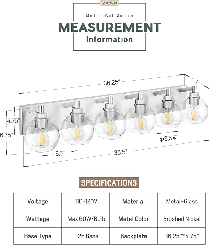 Bathroom Light Fixtures, 6 Light Brushed Nickel Vanity Light, 38 Inch Modern Wall Sconces with Globe Clear Glass Shade, Vanity Lighting Fixtures Over Mirror, VL195-BN-6