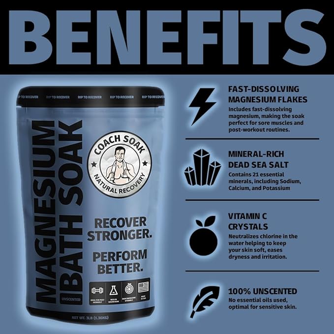 Coach Soak Recovery Bath Soak - Alternative to Epsom Salt Bath Soak - Fast-Absorbing Pure Magnesium Flakes with 21 Minerals, Bath Salts & Essential Oils - 3 lb (1 Pack) - Unscented