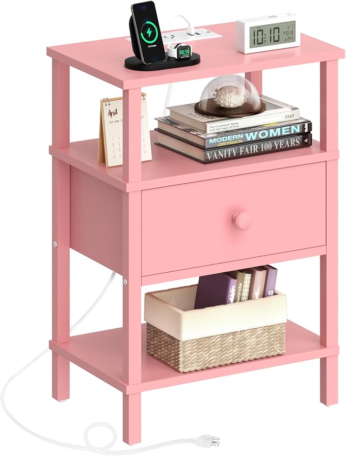 Lerliuo Nightstand with Charging Station and USB Ports, 3-Tier Storage Pink End Table with Drawer Shelf, Night Stand for Small Spaces, Wood Bedside Table for Living Room, Bedroom - ‌Light Pink