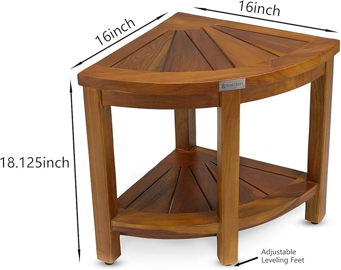 TeakCraft Teak Corner Shower Bench Seat for Bathroom - Waterproof Shower Stool - Fully Assembled, The Saga