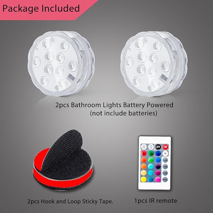 Bathroom Vanity Lights Wireless, Battery Powered Operated Waterproof Led Light for Shower Spa Bath Room Over Mirror Wall Ceiling Light, Remote Control Multi Color Changing, RGB, 2PCS
