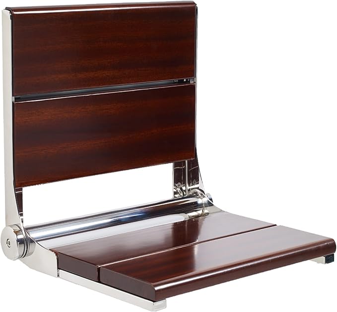 Folding Shower Seat Wall Mounted with Back | 500 lbs Maximum Load Capacity | ADA Compliant Safety Assist Teak Shower Seat for Seniors, Handicapped, and Children | 304 Stainless Steel Frame | 18” x 16”