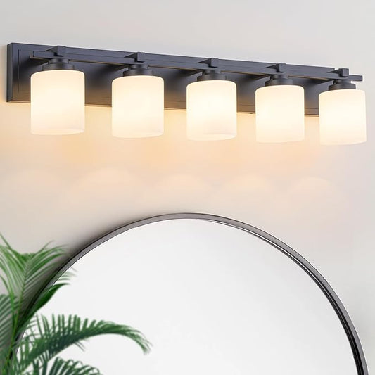 5 Light Modern Bathroom Light Fixtures Over Mirror, Black Vanity Lights for Bathroom Wall Sconces with Milky White Glass Shades, E26 Socket (Bulbs Not Included)