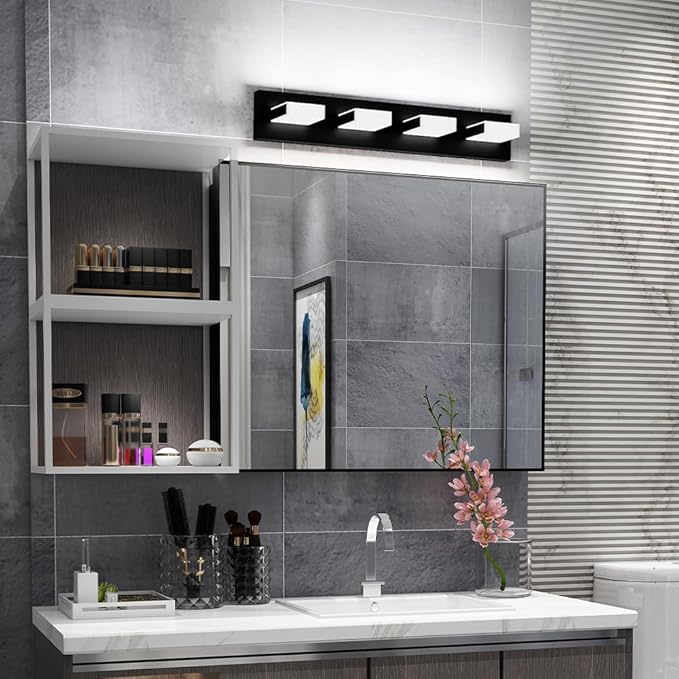 Aipsun Matte Black Bathroom Light Fixtures - 4 Lights LED Modern Vanity Lighting Fixtures Over Mirror (White Light 6000K)