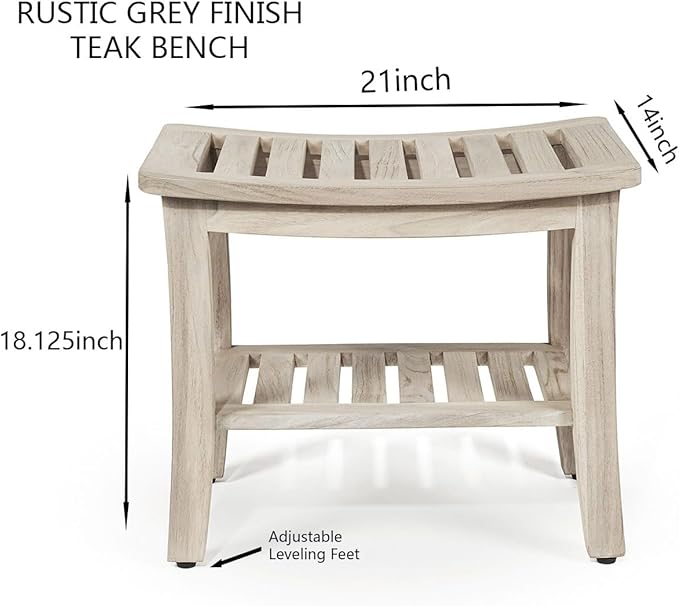 TeakCraft Patented Gray Teak Shower Bench with Shelf 21 Inch for Bathroom, Spa - Fully Assembled, Shower Stool, Rustic Gray Finish, The Lavici