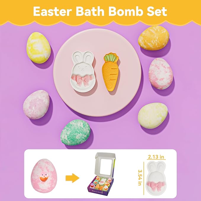 Kids Bath Bombs with Surprise Inside: 9 Pcs Natural Organic Egg Bunny Shaped Basket Stuffers for Kid Girls Boys Bubble Bathbombs Fruit Scented Spa Birthday Gift Set Party Favors Children 3+ Year Old