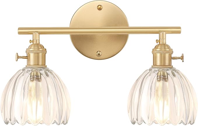 Bathroom Light Fixtures, 2-Light Brass Vanity Wall Light Over Mirror with Clear Tulip Glass Shade for Bedroom Living Room (Bulb Not Included)