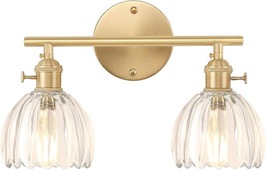 Bathroom Light Fixtures, 2-Light Brass Vanity Wall Light Over Mirror with Clear Tulip Glass Shade for Bedroom Living Room (Bulb Not Included)
