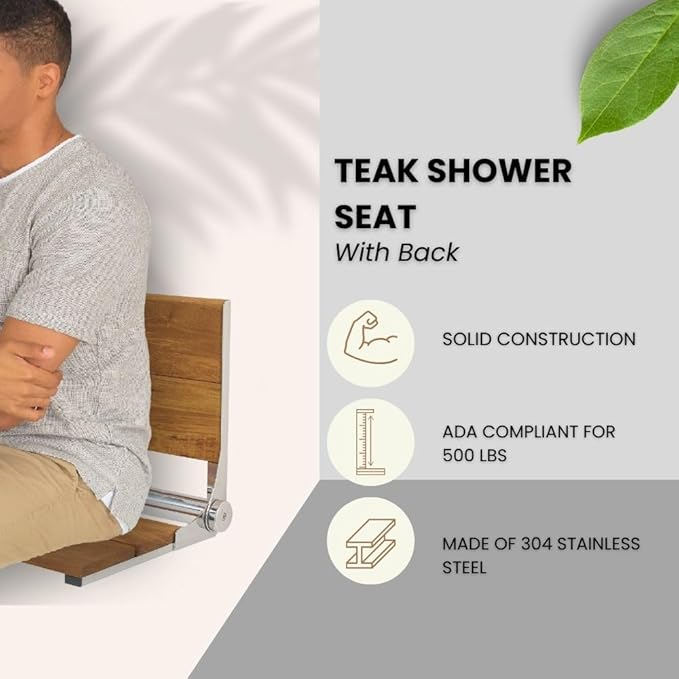 Teak Shower Seat - Contour Wood / Folding Wall Mount Bench for Inside Shower / ADA Safety Assist / 304 Stainless Steel / Brushed Finish / 26" x 16"