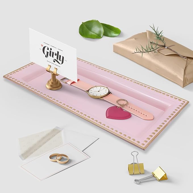 2 Pack Pink Bathroom Vanity Tray for Countertop with Beads, Small Plastic Toilet Tank Versatile Storage Organization Tray for Makeup, Perfume, Desk, Kitchen, Candles, 14"x7"x1", 36P