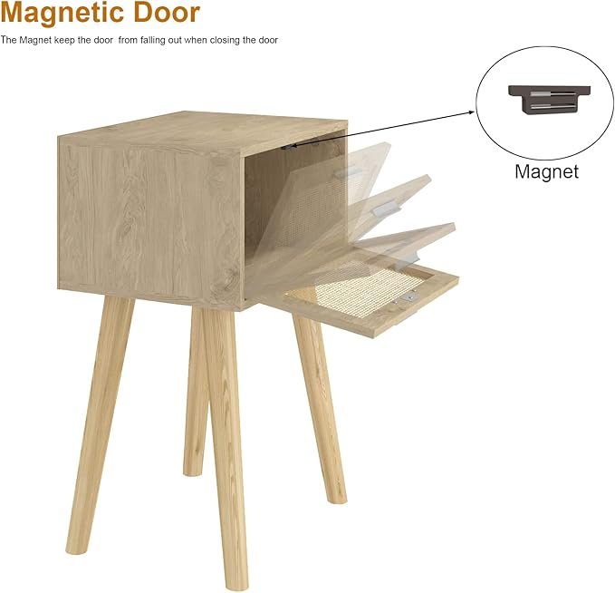 LAATOOREE Nightstand Set of 2, Small Bedside Table, Boho Side End Table, Rattan Door, Solid Wood Feet for Bedroom and Living Room
