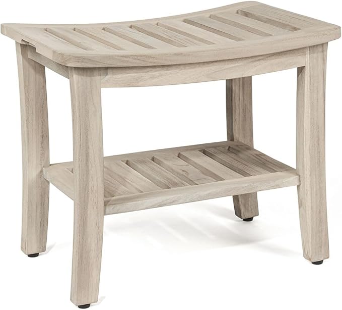 TeakCraft Patented Gray Teak Shower Bench with Shelf 21 Inch for Bathroom, Spa - Fully Assembled, Shower Stool, Rustic Gray Finish, The Lavici