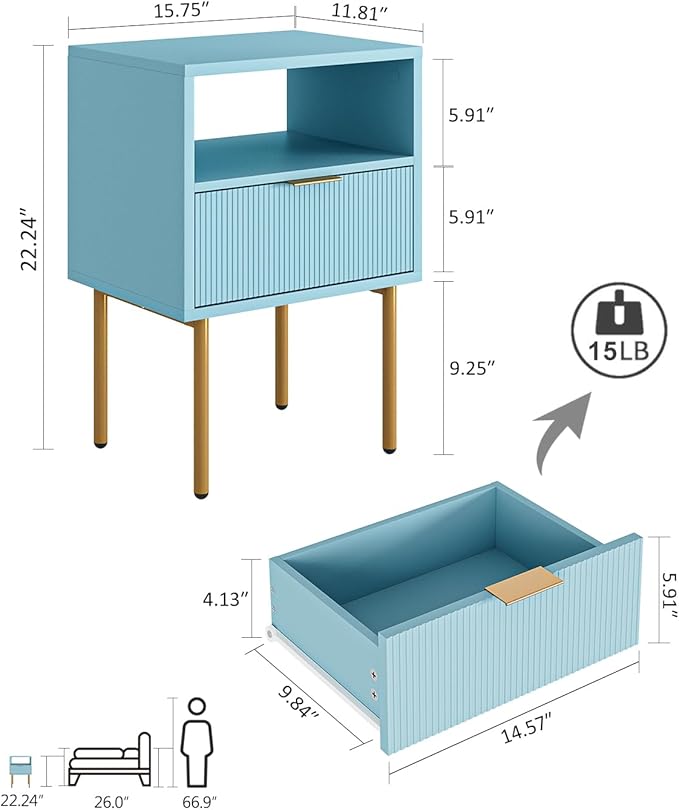 Masupu Night Stand,Mid-Century Modern Bedside Table with Storage Drawer and Open Wood Shelf,Small Gold Frame Side Table for Bedroom,Living Room, Blue