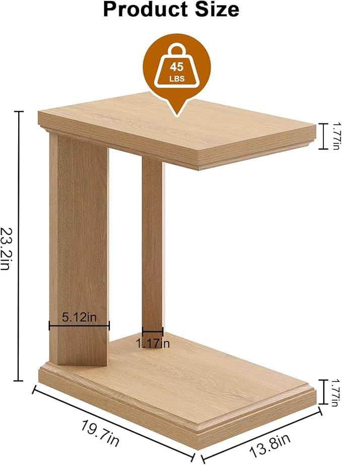 C Shaped End Table for Couch, 23.2'' High Small Side Table 2-Tier C Shaped Sofa Table for Small Narrow Spaces, Modern Nightstand for Bedroom, Living Room, Apartment, Home Office, Oak