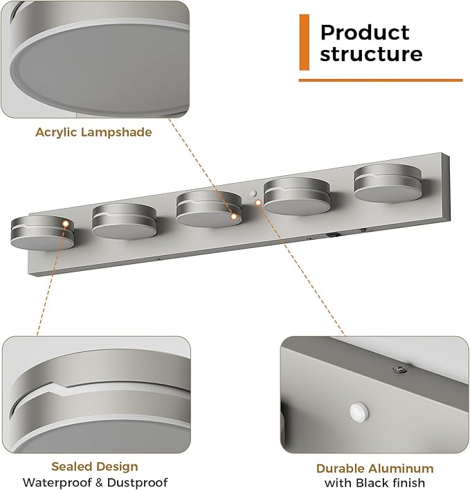 32In Motion Sensor Vanity Light Brushed Nickel, 3CCT 5-Light Modern LED Bathroom Lighting Fixtures Over Mirror, Rotatable Head, Dimmable 3000K-6000K Wall Sconce, Anti-Rust Silver