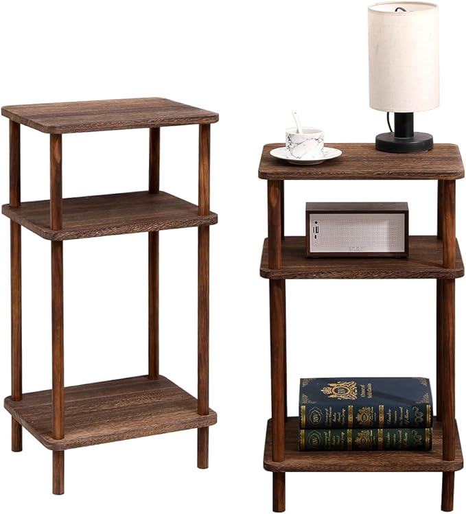 Side Table Set of 2, Wooden 3-Tier Narrow End Tables, Rustic Brown Nightstand Sofa Side Table Used for Small Spaces, Living Room, Bedroom