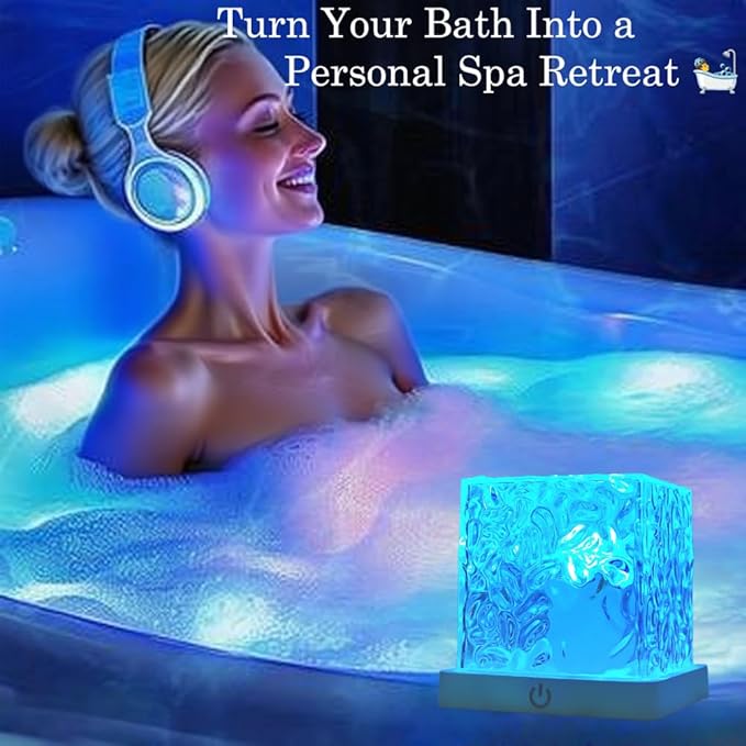 Rechargeable Shower Lamp for Inside Shower - Bathroom Bathtub Ocean Wave Projector Light-Cordless Battery Operated Water Ripple Light Underwater-Ambient Mood Lighting-Ocean Party Decor