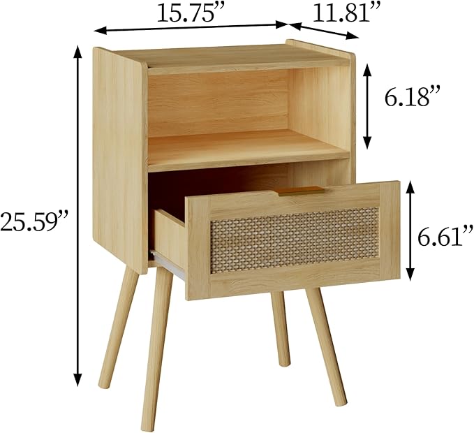 Rattan Nightstand,Modern Bedside Table with Storage Drawer and Open Wood Shelf, for Living Room, Bedroom and Small Spaces, Accent Night Stand with Solid Wood Legs, Easy Assembly,(Oak)