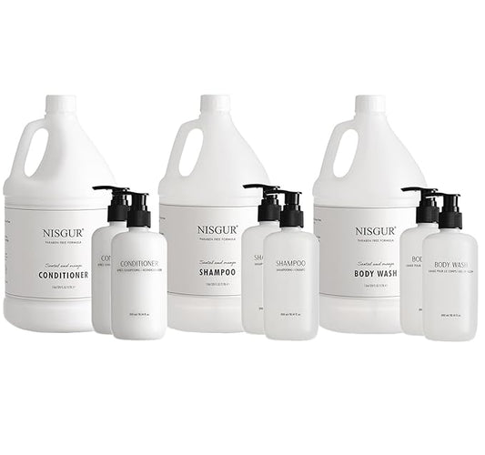 Gallon Shampoo Conditioner and Body Wash Refillable Set with 10.14 oz Matching Pump Bottles 9Pcs Large Capacity Hotel Supplies and Toiletries