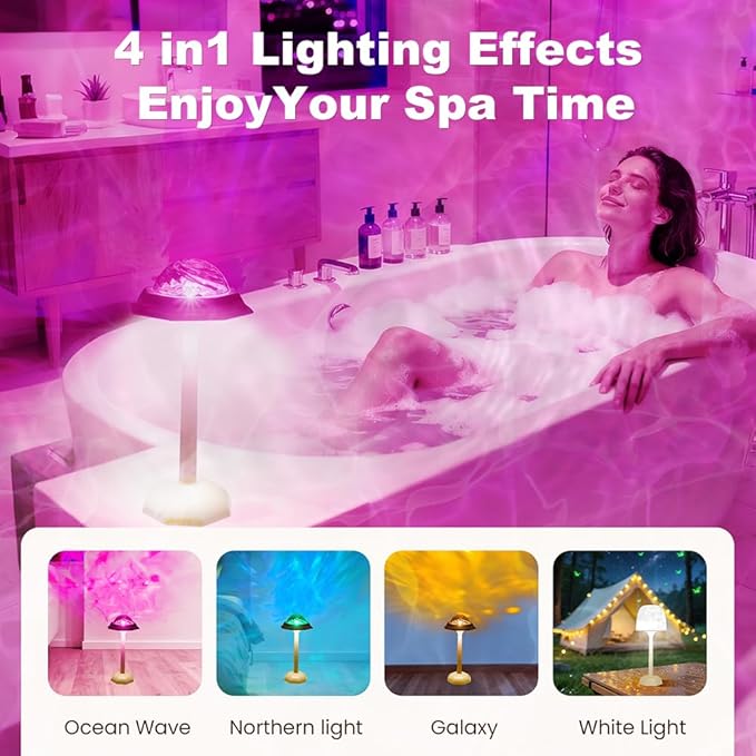 4 in 1 Shower Lamp Waterproof Bathroom Lamp Ocean Wave Projector Light Northern Galaxy Light 16 Color Rechargeable Remote Control lumena Lamps for Inside Shower/Bathtub