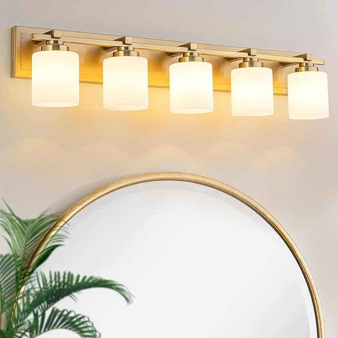 5 Light Modern Bathroom Light Fixtures Over Mirror, Brass Finish Vanity Lights for Bathroom Wall Sconces with Milky White Glass Shades, E26 Socket (Bulbs Not Included)