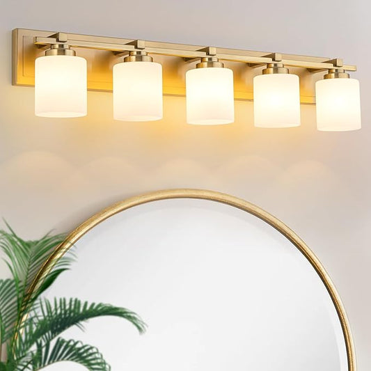 5 Light Modern Bathroom Light Fixtures Over Mirror, Brass Finish Vanity Lights for Bathroom Wall Sconces with Milky White Glass Shades, E26 Socket (Bulbs Not Included)