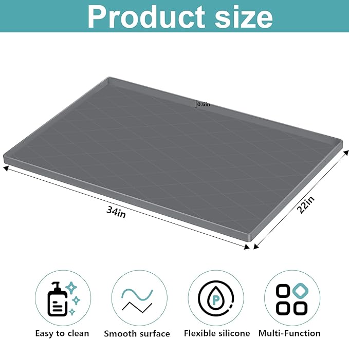 34" x 22" Inch Silicone Sink Mat, Leak-Proof Cabinet Liner with Raised Edge, Non-Slip Kitchen and Bathroom Counter Protector, Heat Resistant Waterproof Easy to Clean Drawer Shelf Liner.