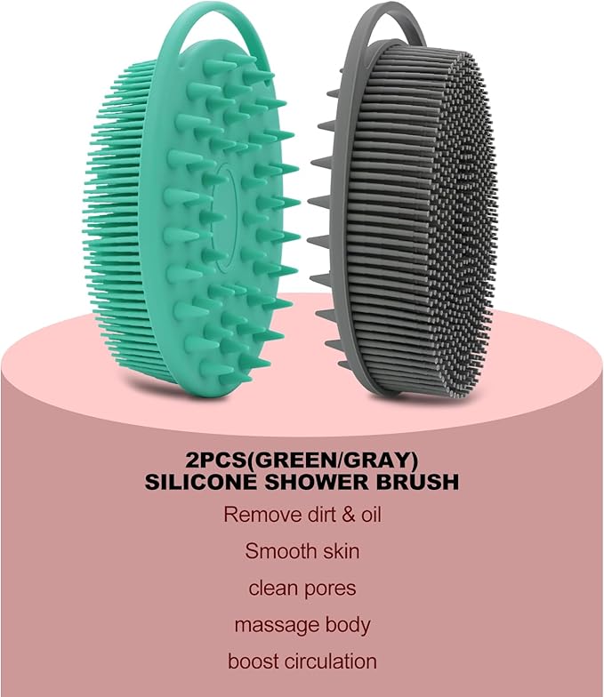 2 Pack Silicone Body Scrubber, Loofah Double-Sided Body Brush,Shower Scrubber and Scalp Massager Shampoo Brush for Sensitive Kids Women Men All Kinds of Skin (Green & Gray)