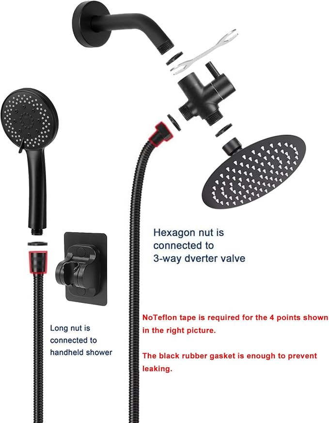 NearMoon Filtered Shower Head, High Pressure 8″Round Rain Shower and 5 settings Handheld Shower Filter Combo with Self-adhesive Holder/1.5M Hose -1 Replaceable Filter Cartridge (Matte Black)