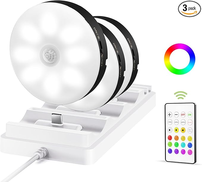 EZVALO Under Cabinet Lighting with Charging Station,1000mAh Rechargeable Puck Lights with Remote, 3 Color Temps & 12 RGB Closet Lights, Dimmable Motion Sensor Lights for Shelf, Kitchen (3 Packs)