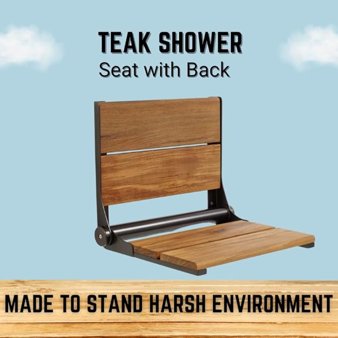 Folding Shower Seat Wall Mounted with Back | 500 lbs Maximum Load Capacity | ADA Compliant Safety Assist Teak Shower Seat for Seniors, Handicapped, and Children | 304 Stainless Steel Frame | 26” x 16”