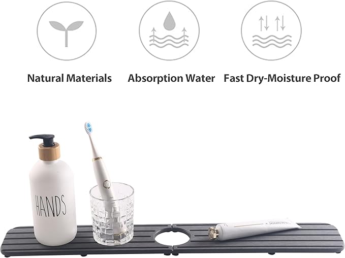 23.6inch x 4inch Kitchen Sink Faucet Mat, Water Absorbing Stone Faucet Splash Guard for Bathroom Counter, Quick Drying Diatomite Tray for Kitchen Sink, Dark Gray