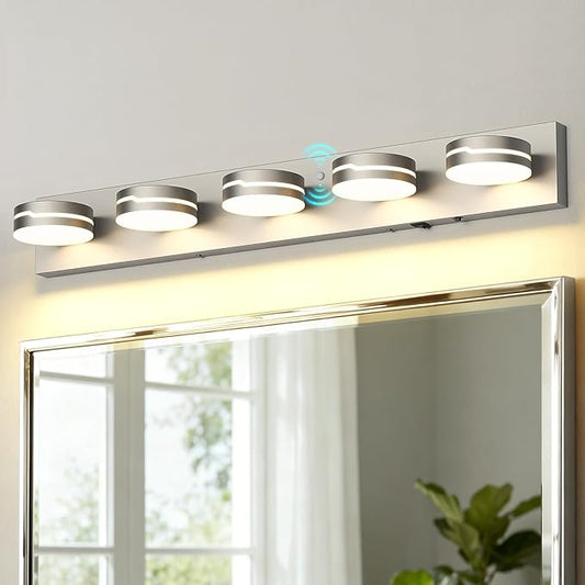 32In Motion Sensor Vanity Light Brushed Nickel, 3CCT 5-Light Modern LED Bathroom Lighting Fixtures Over Mirror, Rotatable Head, Dimmable 3000K-6000K Wall Sconce, Anti-Rust Silver
