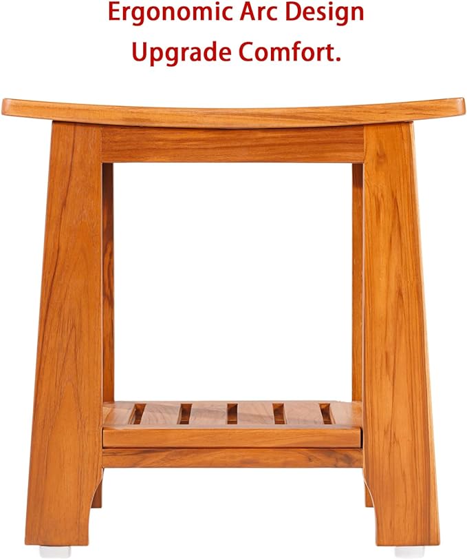 18" Standard Teak Shower Bench with Shelf & Handle - Waterproof, Non-Slip Bath Stool, 300 lbs Capacity - Fits Standard Tubs/Showers & Outdoor Use (Patented)