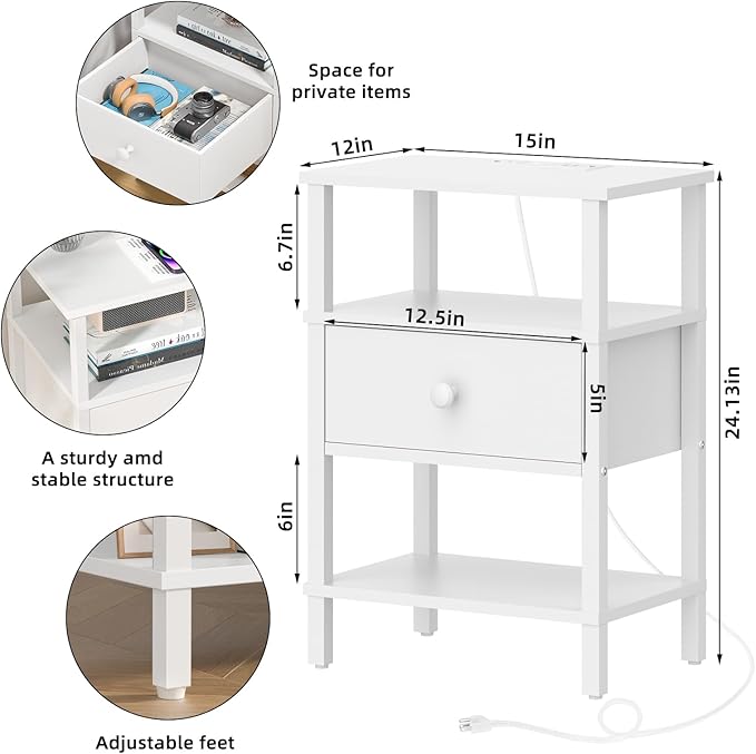 Lerliuo Nightstand with Charging Station and USB Ports, 3-Tier Storage End Table with Drawer Shelf, Night Stand for Small Spaces, Wood Bedside Table for Living Room, Bedroom - Elegant White