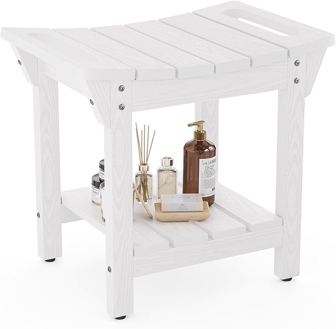 Waterproof Shower Bench, Poly Lumber Shower Stool for Shaving Legs, Shower Chair Seat with Storage Shelf and Handles, Bathroom Bench for Inside Shower, Non-Slip