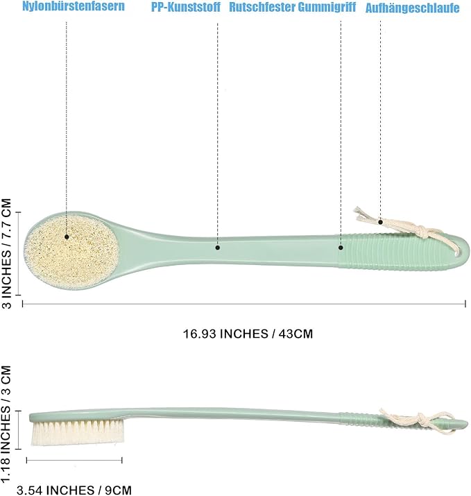 17-Inch Back Scrubber for Shower, Anti-Slip Exfoliating Body Brush for Bath, Gentle Back Brush for Shower for Men, and Women, Cleaning Skin for Smooth, Glowing Skin (Pea Green)