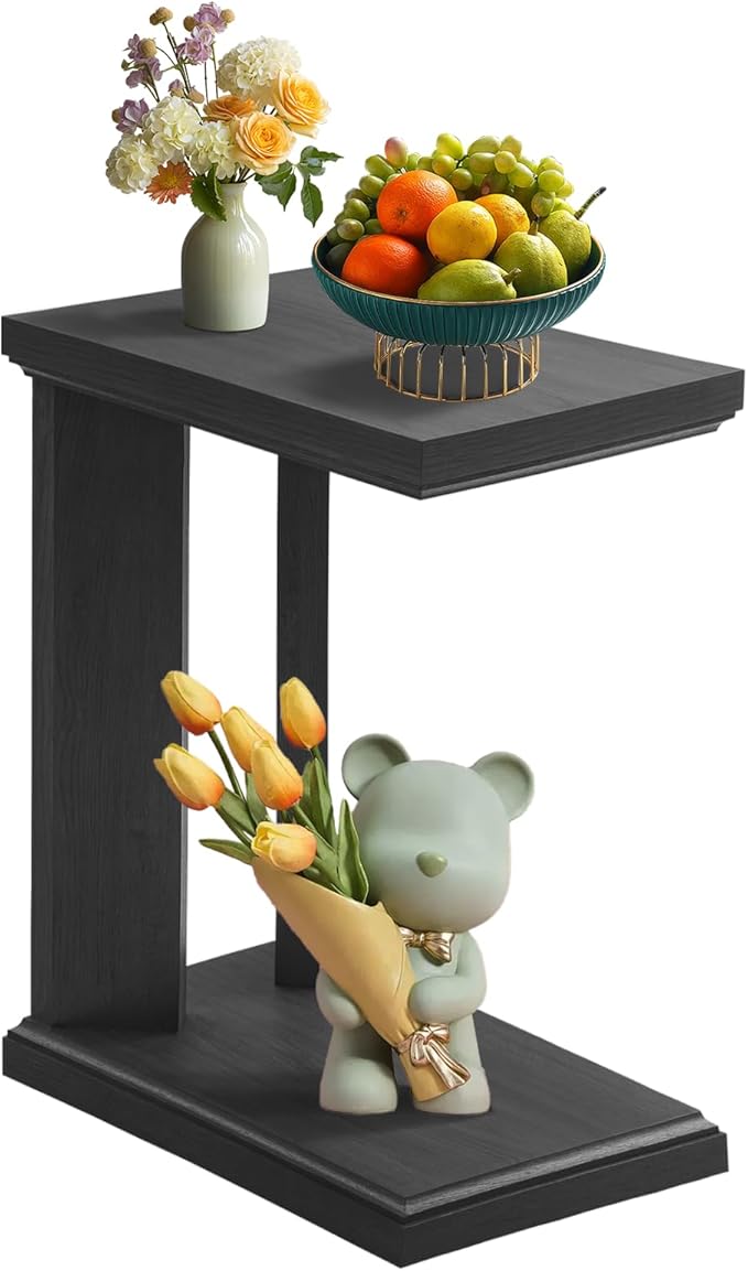 C Shaped End Table for Couch, 23.2'' High Small Side Table 2-Tier C Shaped Sofa Table for Small Narrow Spaces, Modern Nightstand for Bedroom, Living Room, Apartment, Home Office, Dark Grey