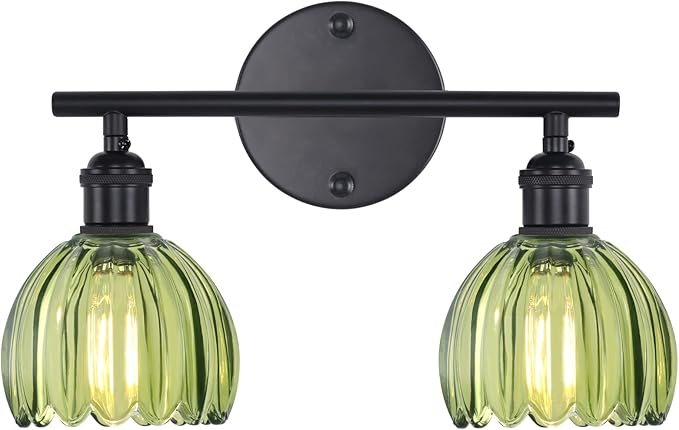 Bathroom Light Fixtures, 2-Light Black Vanity Wall Light Over Mirror with Green Tulip Glass Shade for Bedroom Living Room (Bulb Not Included)