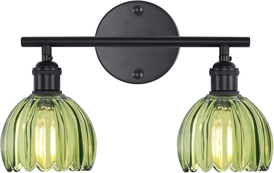 Bathroom Light Fixtures, 2-Light Black Vanity Wall Light Over Mirror with Green Tulip Glass Shade for Bedroom Living Room (Bulb Not Included)