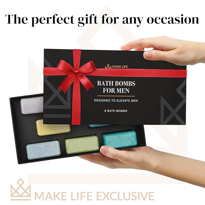 Bath Bombs for Men, Block Shape, Gifts for Men, 8 Large 5oz Bombs, 100% Natural Products & Essential Oils, Soak in, Bubble Bath