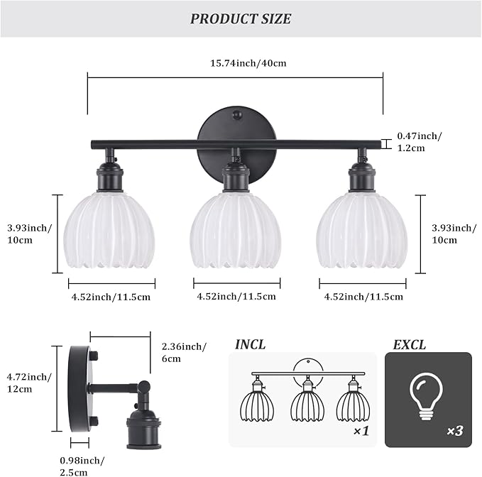 Bathroom Light Fixtures, 3-Light Black Vanity Wall Light Over Mirror with White Tulip Glass Shade for Bedroom Living Room (Bulb Not Included)