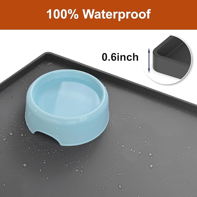 19” x 12” Heavy Duty Waterproof Silicone Mat with Raised Edge, BPA Free Non-Slip Dog & Cat Food Mat, Feeding Mat for Food and Water Bowls, Spill Proof Mat to Protect Floors, Black