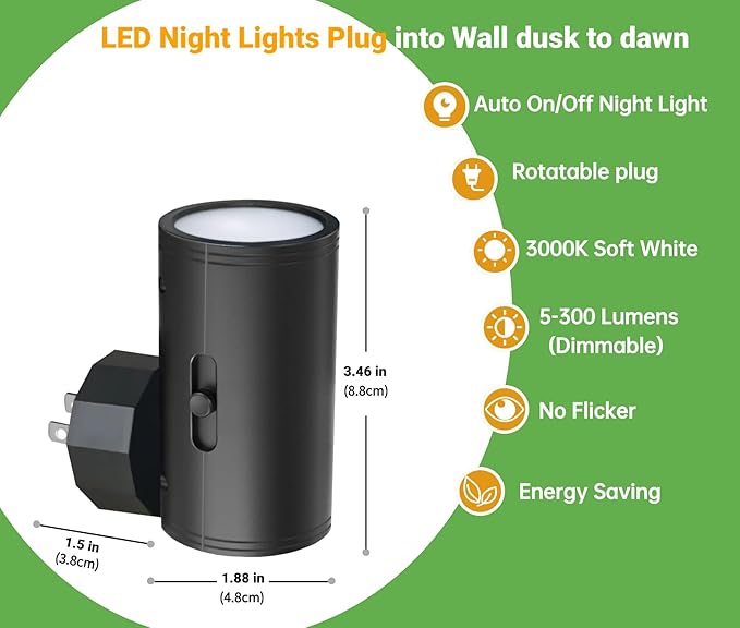 4 Pack Dimmable LED Night Light Plug-in with Dusk to Dawn Sensor, 5000K Daylight, 0-300LM Adjustable Brightness & 180° Rotating Head, Auto On/Off, for Bedroom, Bathroom, Kitchen, Hallway Outlet