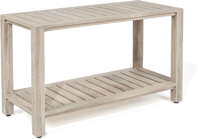 TeakCraft Teak Gray Shower Bench with Shelf 30 Inch for Bathroom, Spa - Fully Assembled, Shower Stool, Rustic Gray Finish The Ricina