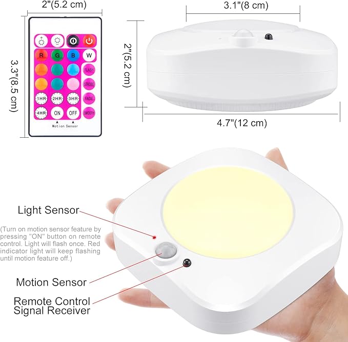 BIGMONAT LED Rechargeable Motion Sensor Shower Light, Wireless Ceiling Light with Remote and Timer, RGB for Bathroom Closet Pantry Hallway Cabinet Bedroom Hallway Laundry, 220LM