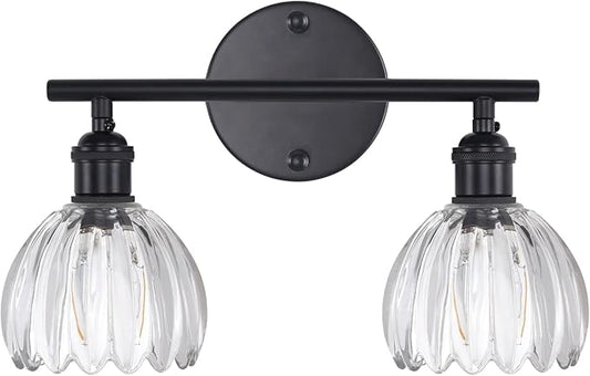 Bathroom Light Fixtures, 2-Light Black Vanity Wall Light Over Mirror with Clear Tulip Glass Shade for Bedroom Living Room (Bulb Not Included)